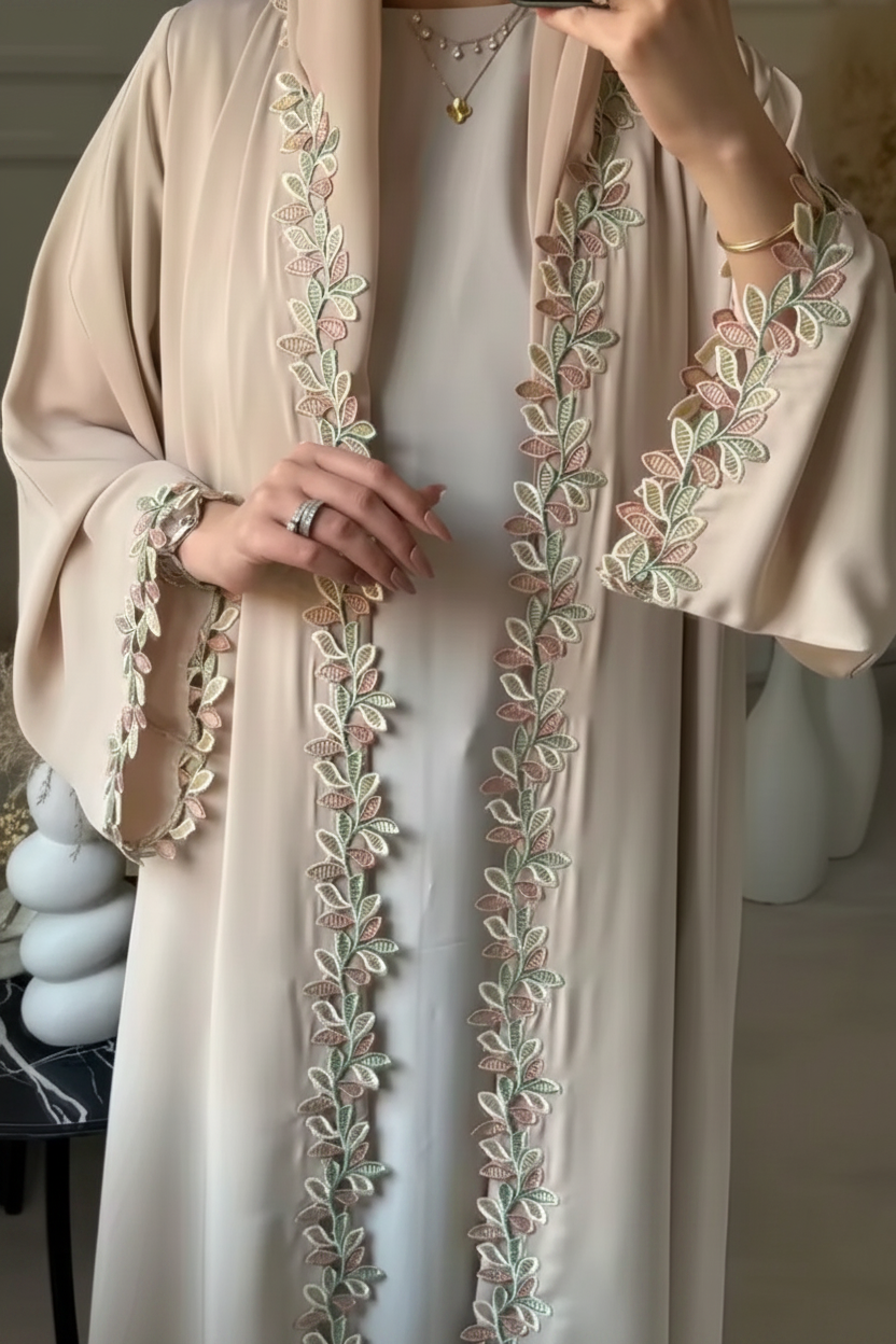 Elegant Leaf Motif Embroidered Beige Abaya