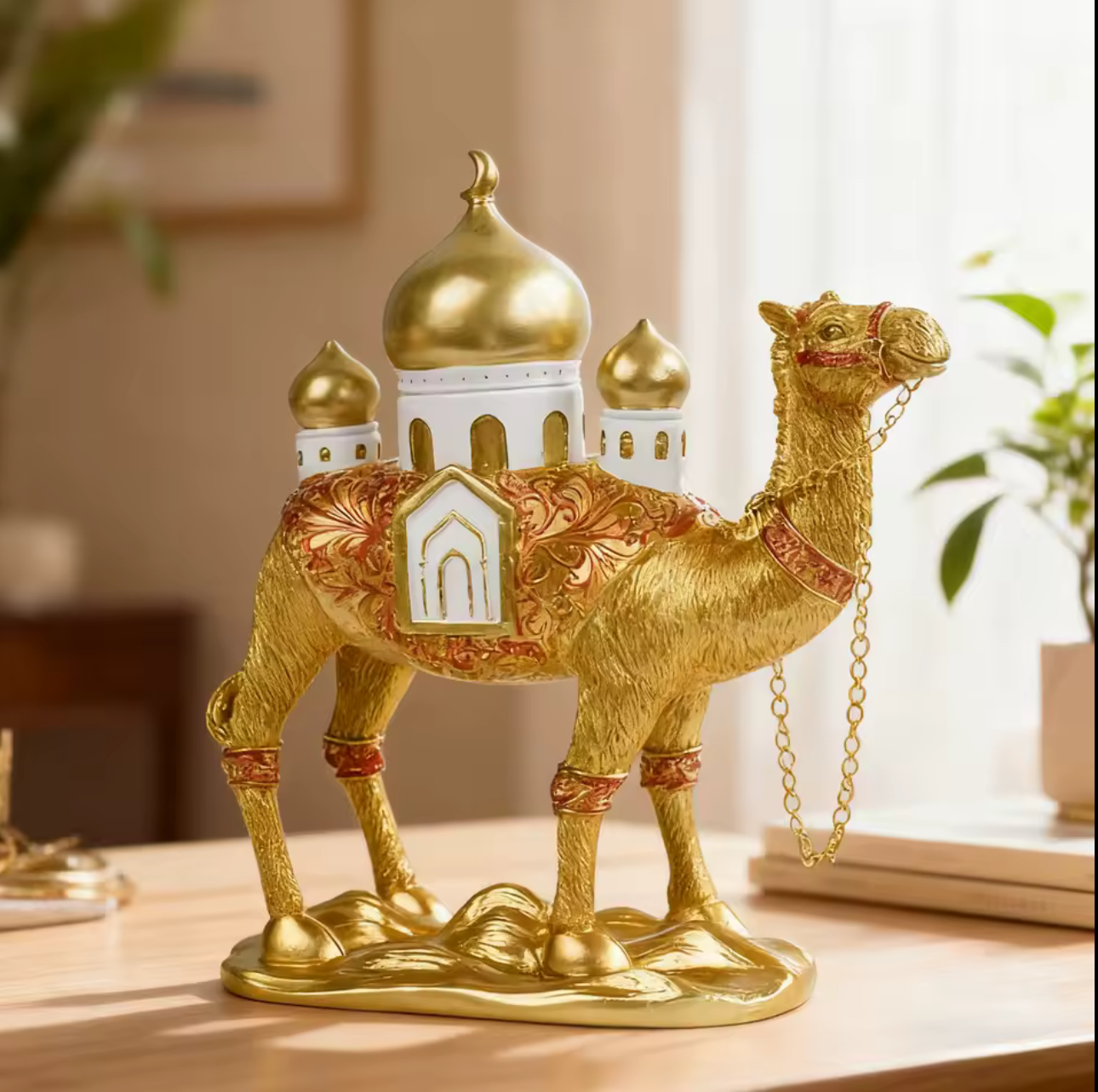 Elegant Gold Camel Statue Set with Mosque Accent