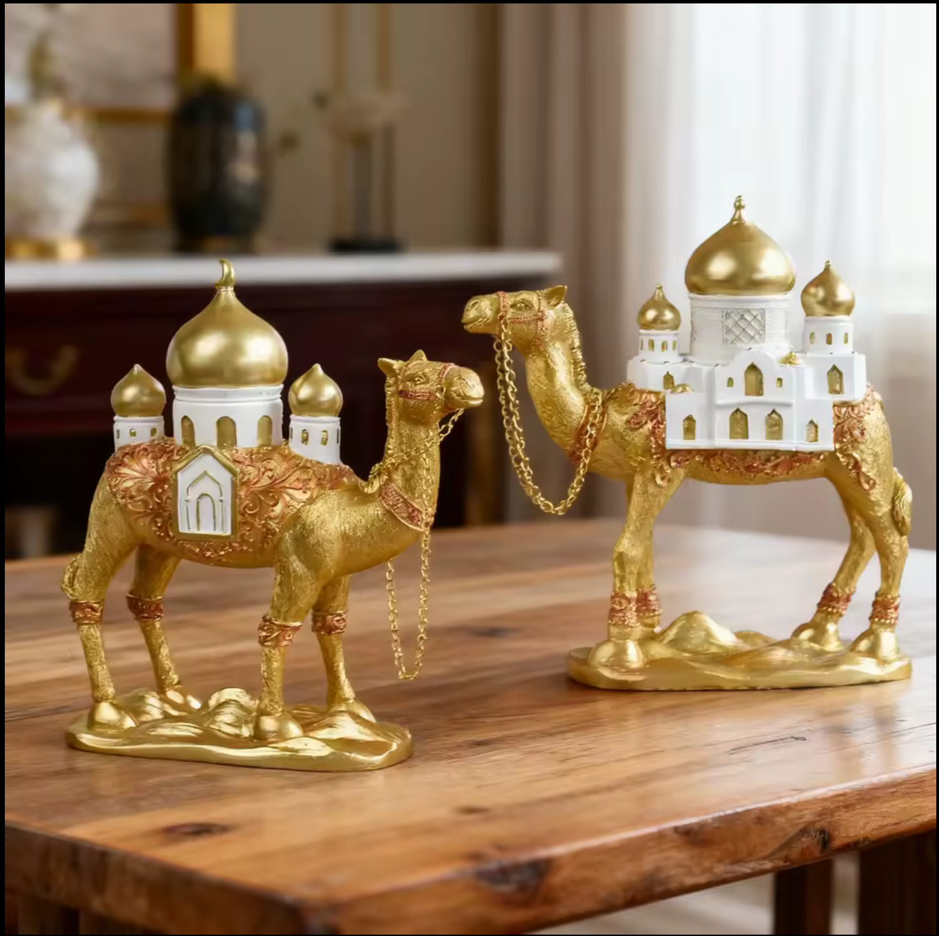 Elegant Gold Camel Statue Set with Mosque Accent