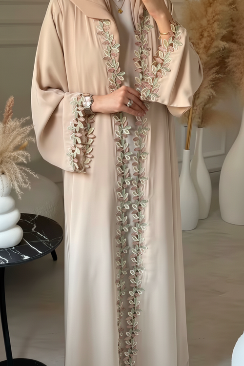 Elegant Leaf Motif Embroidered Beige Abaya