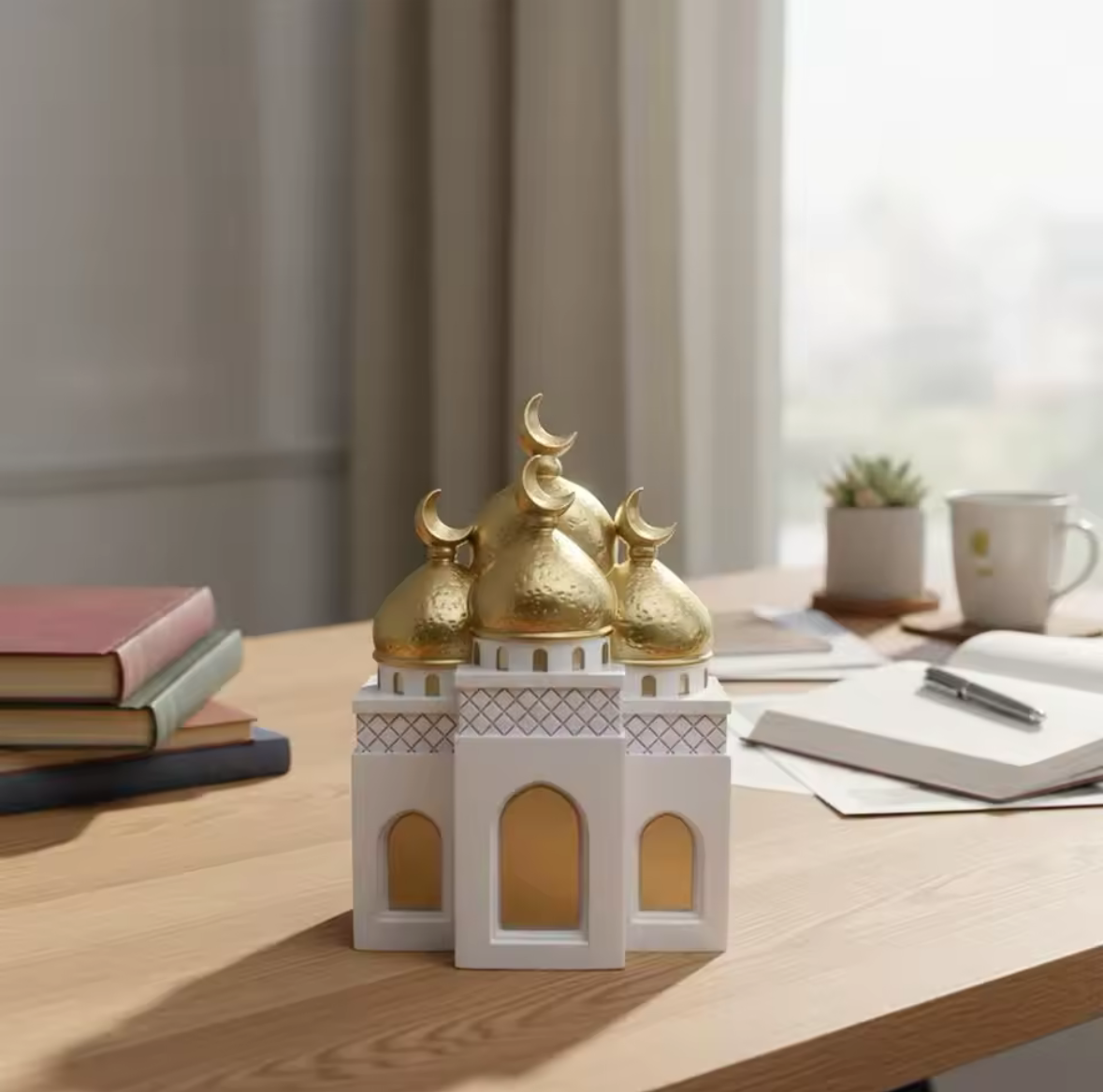Golden Dome Mosque & Minaret Set – Elegant White & Gold Islamic Home Decor for Ramadan & Eid