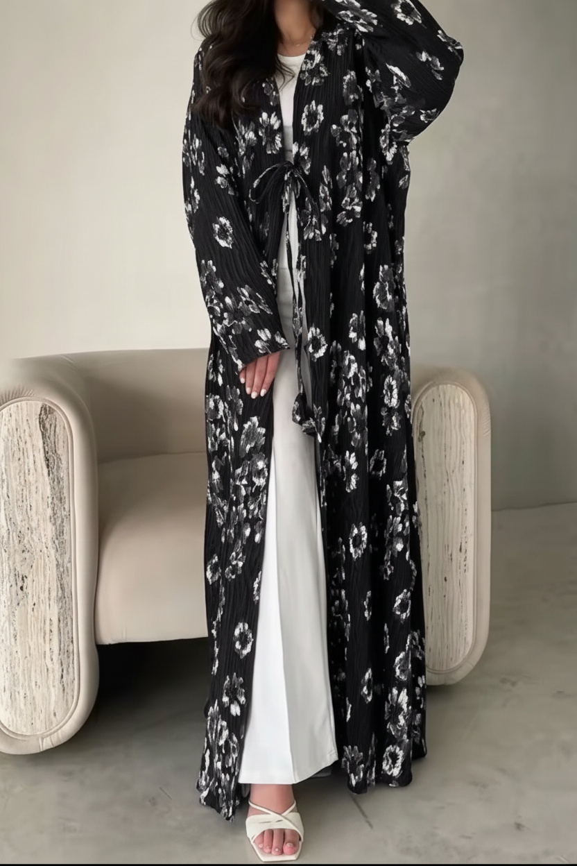 Pleated Midnight Bloom Crinkled Open Floral Abaya with Waist Tie
