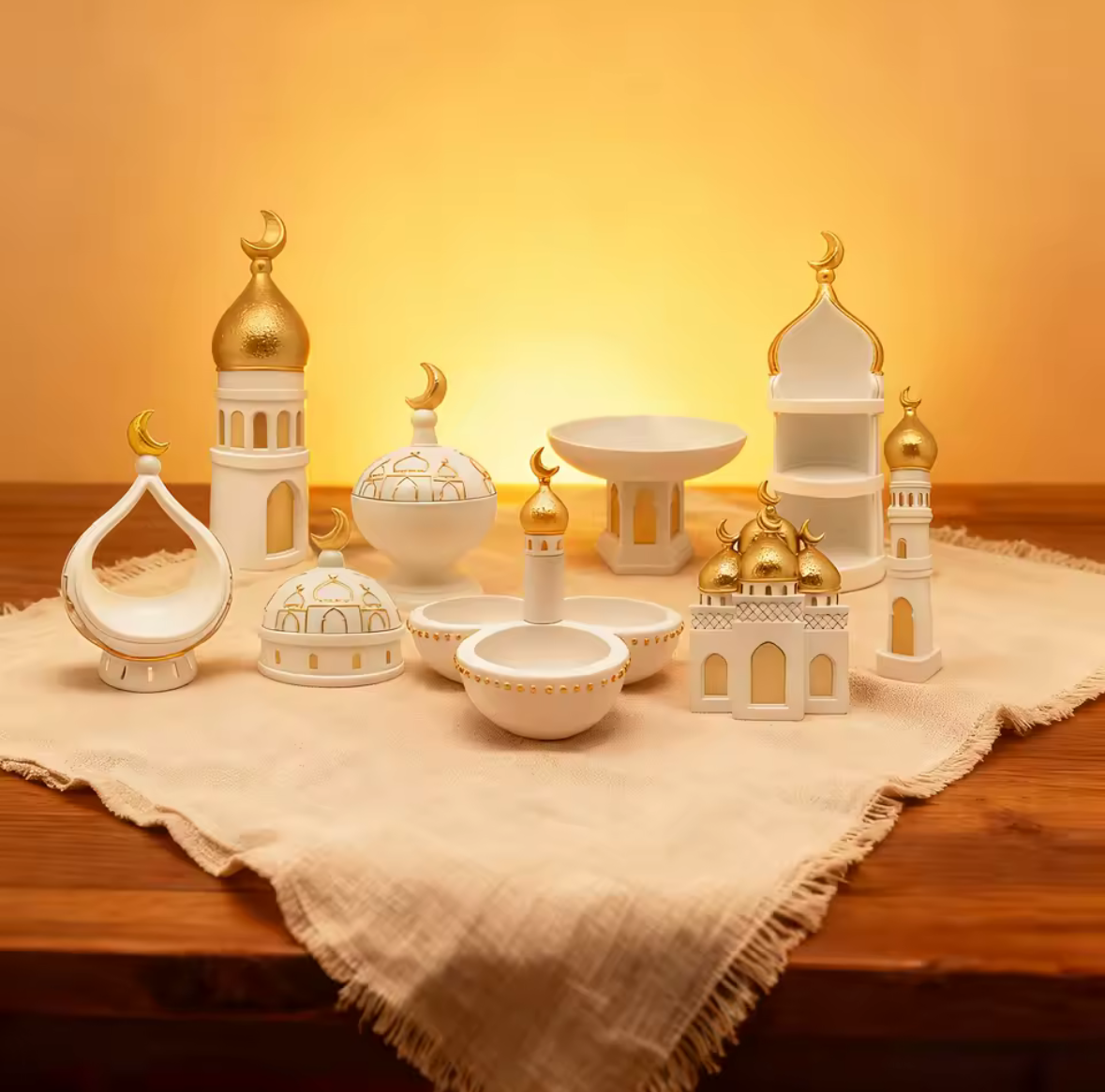 White & Gold Islamic Arched Pedestal Bowl Speckled Decorative Offering Dish