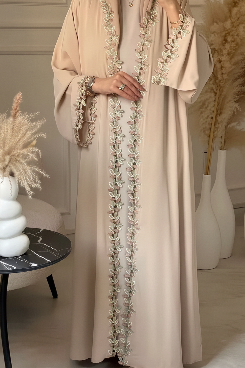 Elegant Leaf Motif Embroidered Beige Abaya