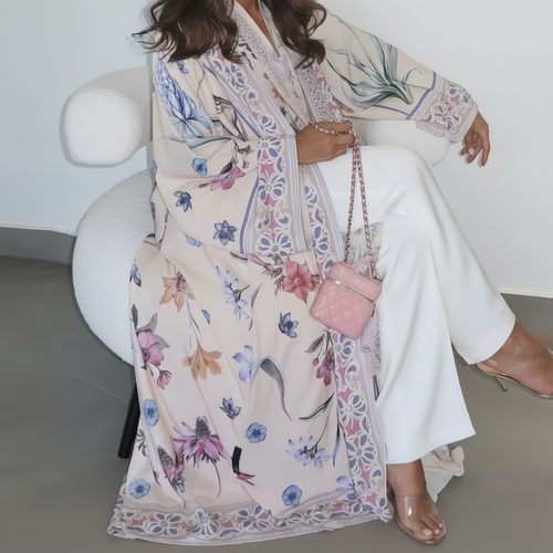 Creamy Floral Print Open Abaya + Matching Hijab