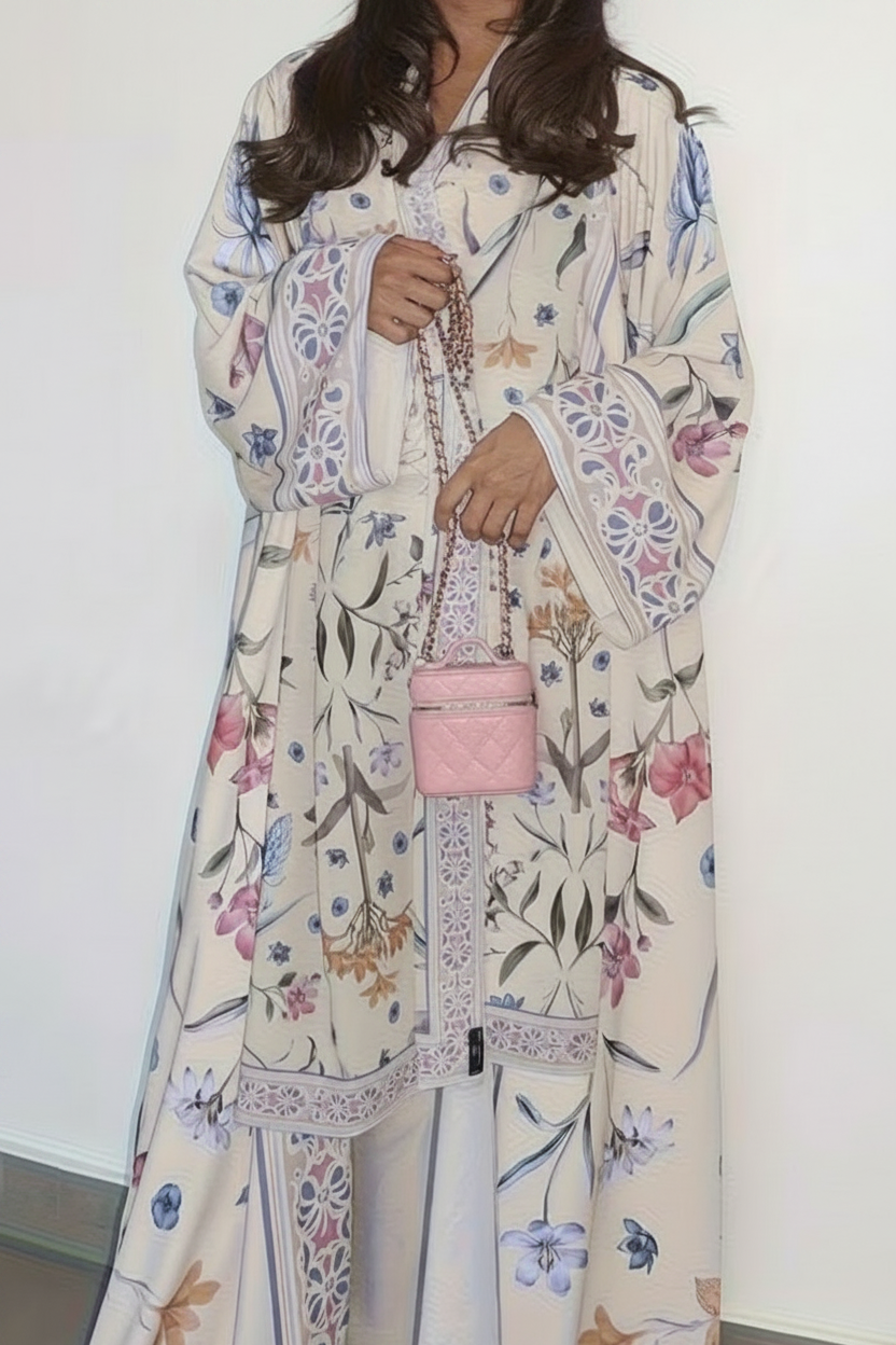 Creamy Floral Print Open Abaya + Matching Hijab