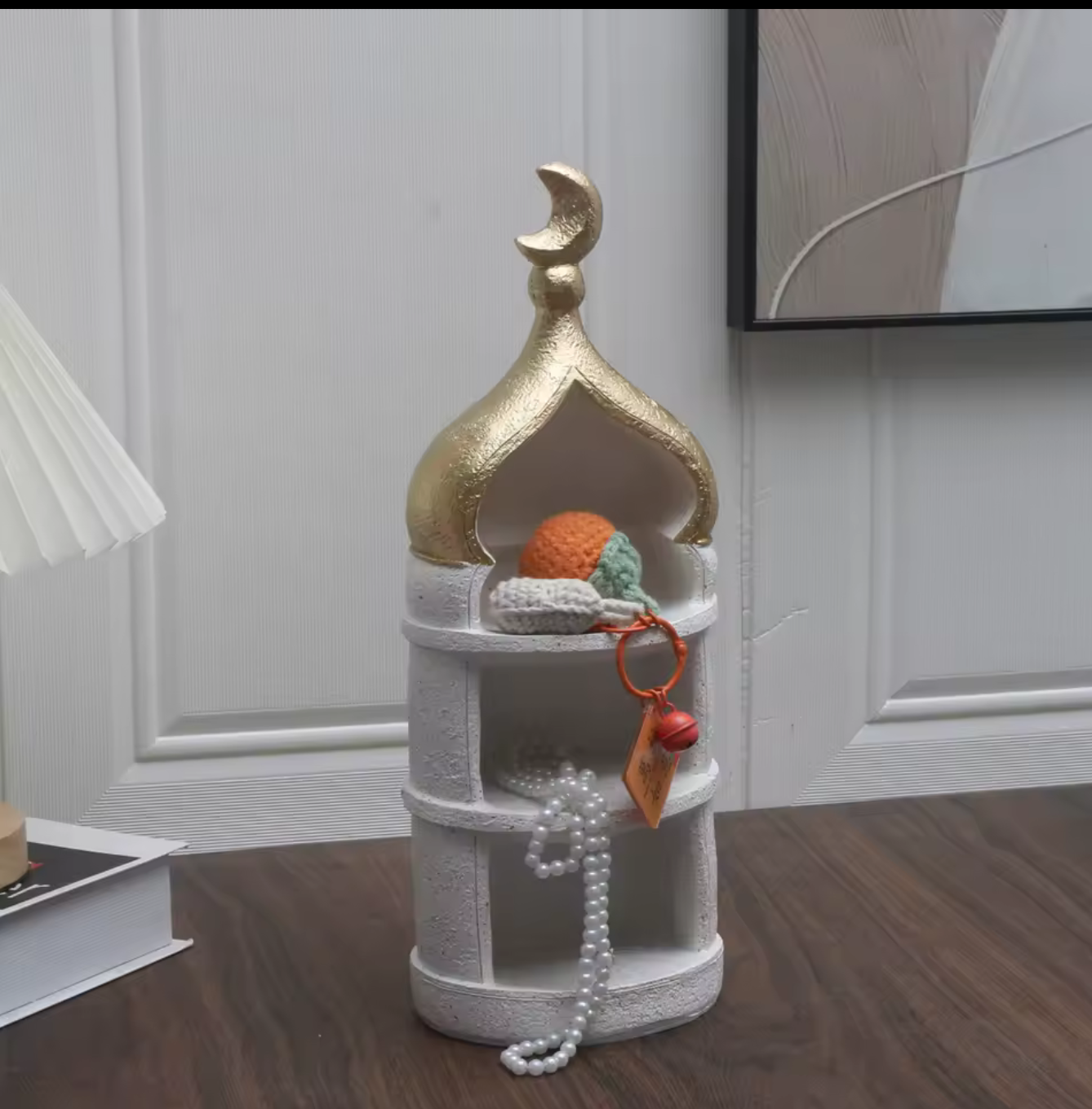Gold & White Islamic Tabletop Organizer Mosque Minaret Display Shelf
