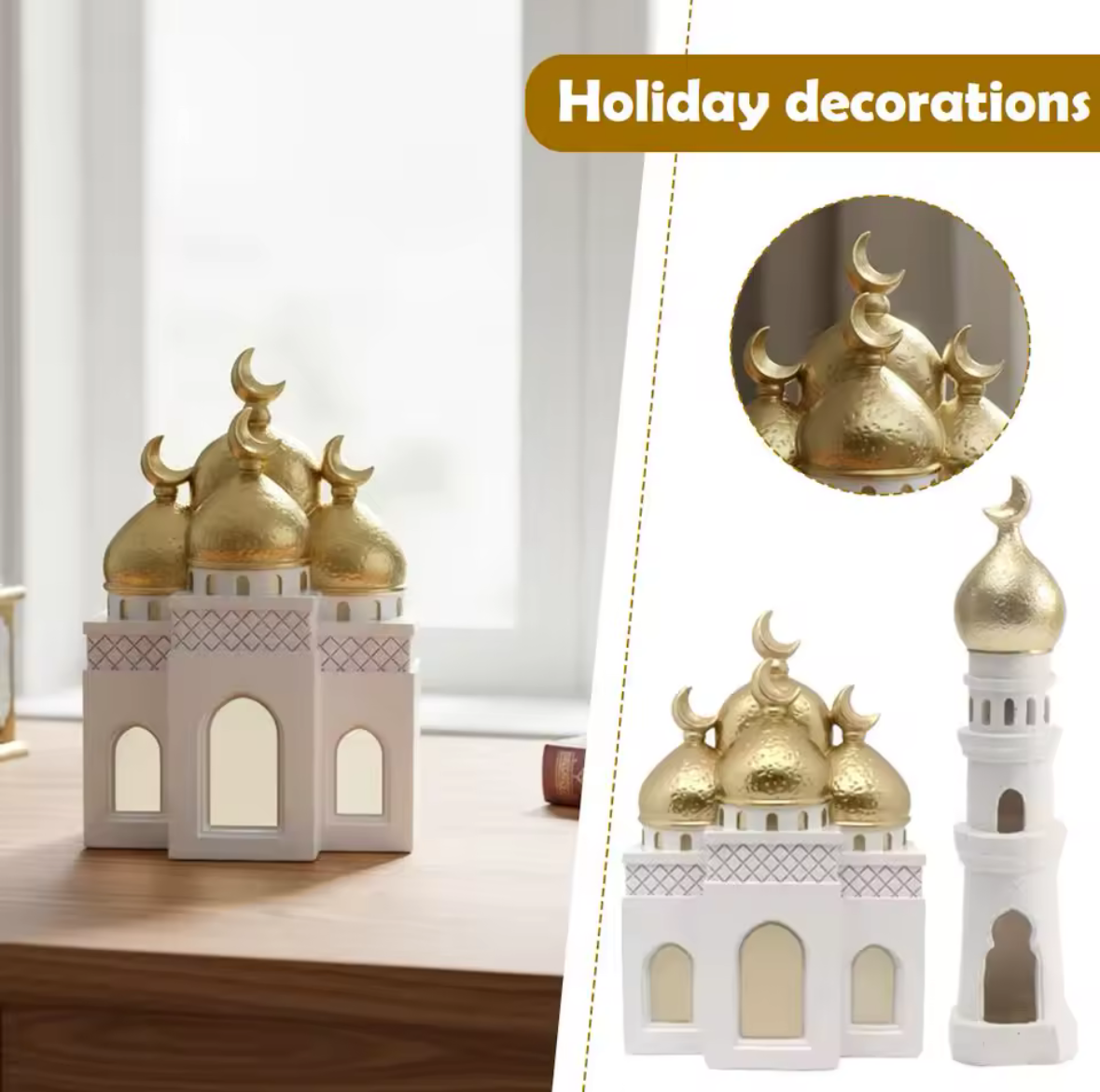 Golden Dome Mosque & Minaret Set – Elegant White & Gold Islamic Home Decor for Ramadan & Eid